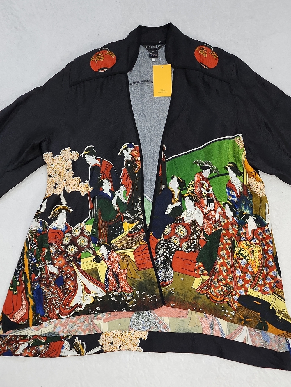 Vintage Citron Santa Monica Open Front Silk Blend Asian Art Print Kimono New